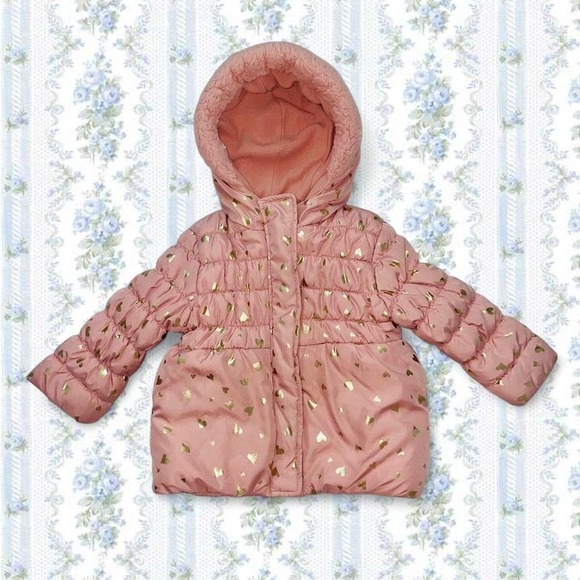 Wippette Kids Pink Puffer Coat Shiny Gold Hearts Faux Fur Lined Hood Toddlers - Picture 2 of 5